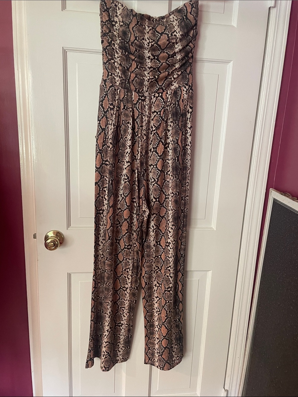 Heart & Hips Strapless Snake-Print Jumpsuit in Brown and Black
